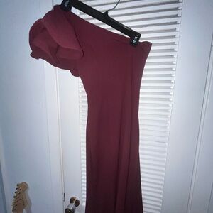 One shoulder maroon prom dress